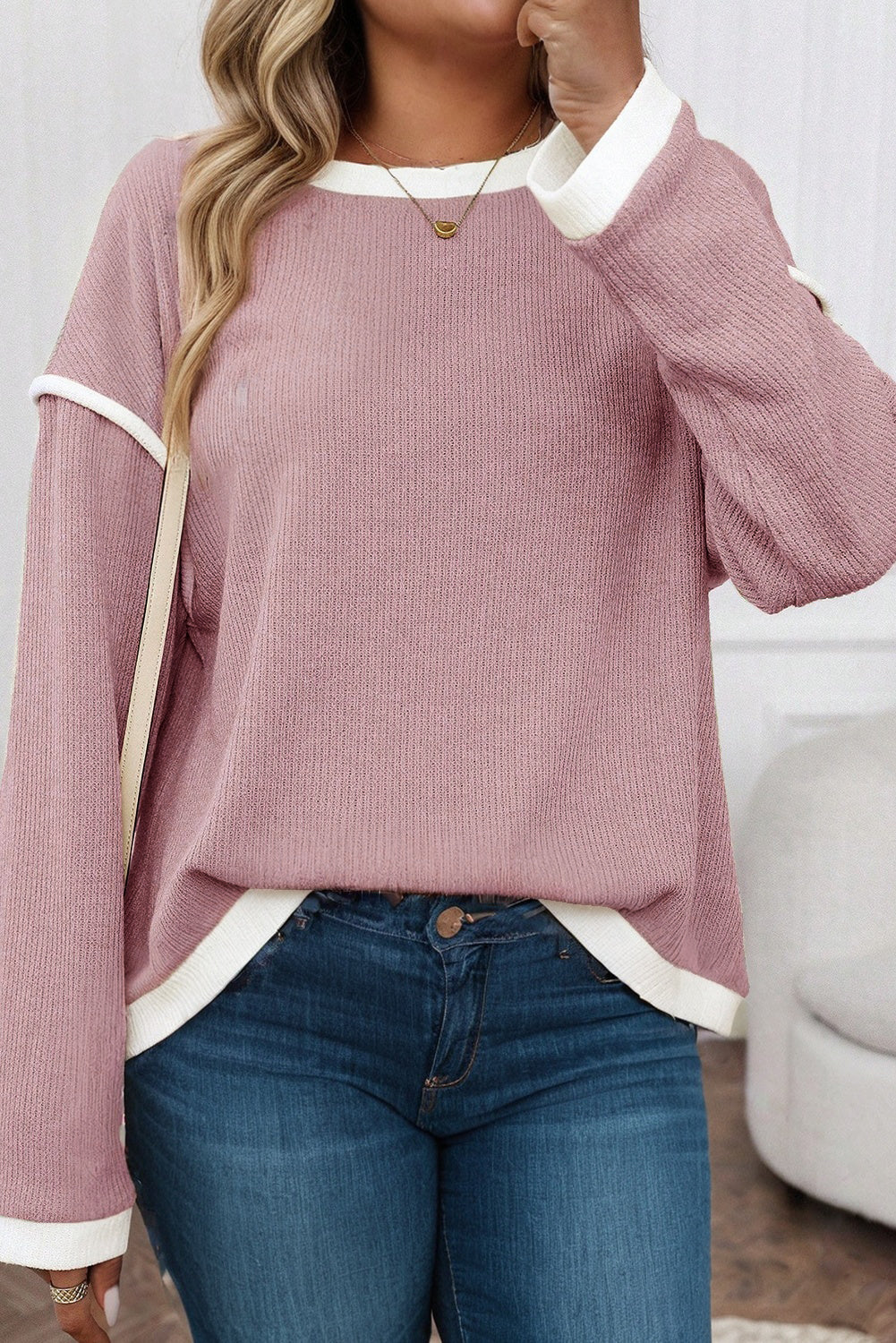 Light Pink Contrast Trim Knitted Drop Shoulder Plus Size Top