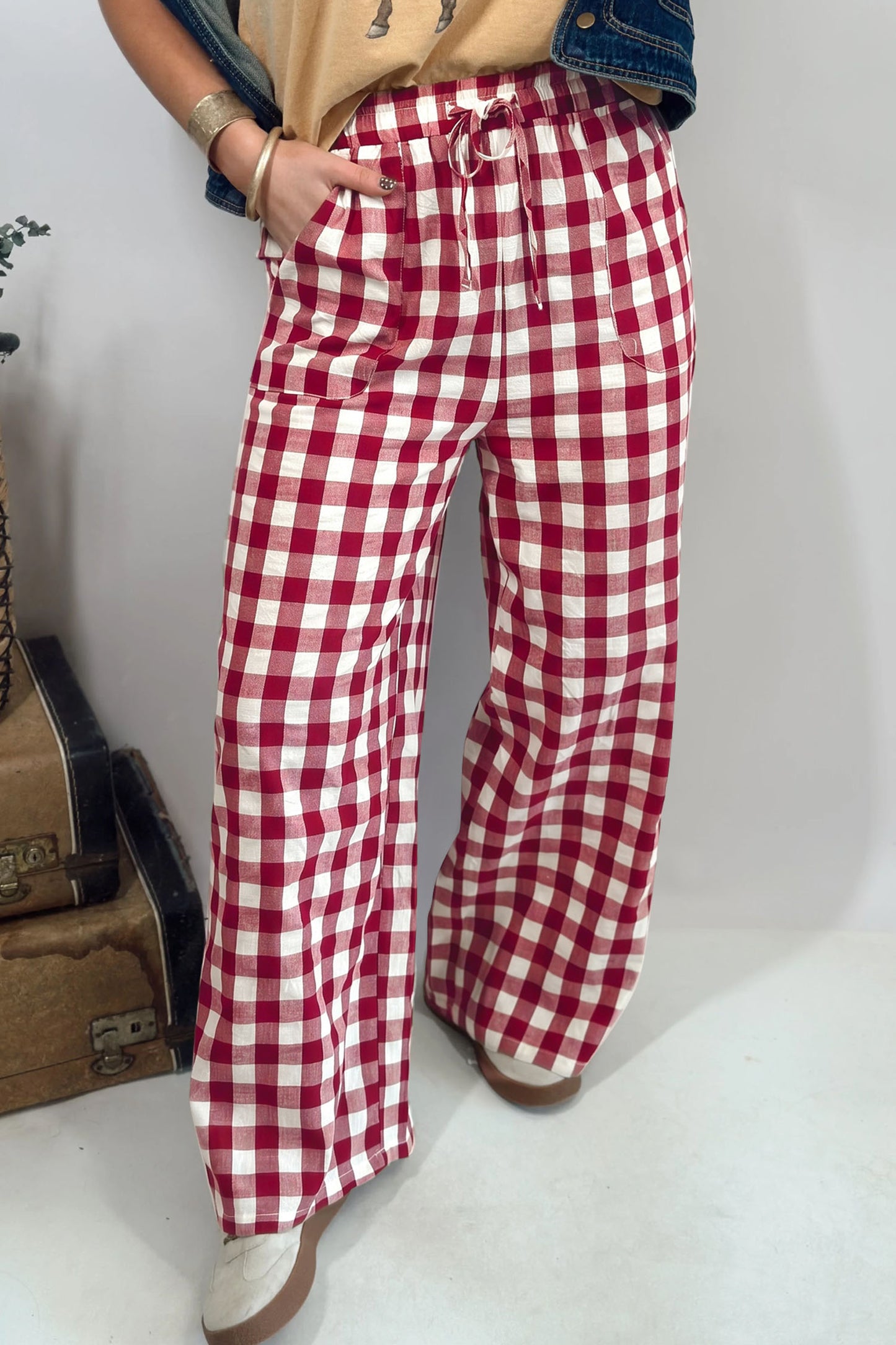 Brown Gingham Plaid Tie Elastic Waist Shift Pants