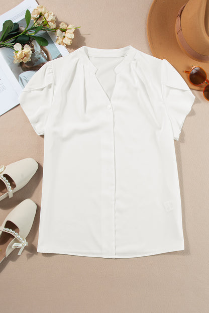 White Button Notched Neck Petal Sleeve Blouse