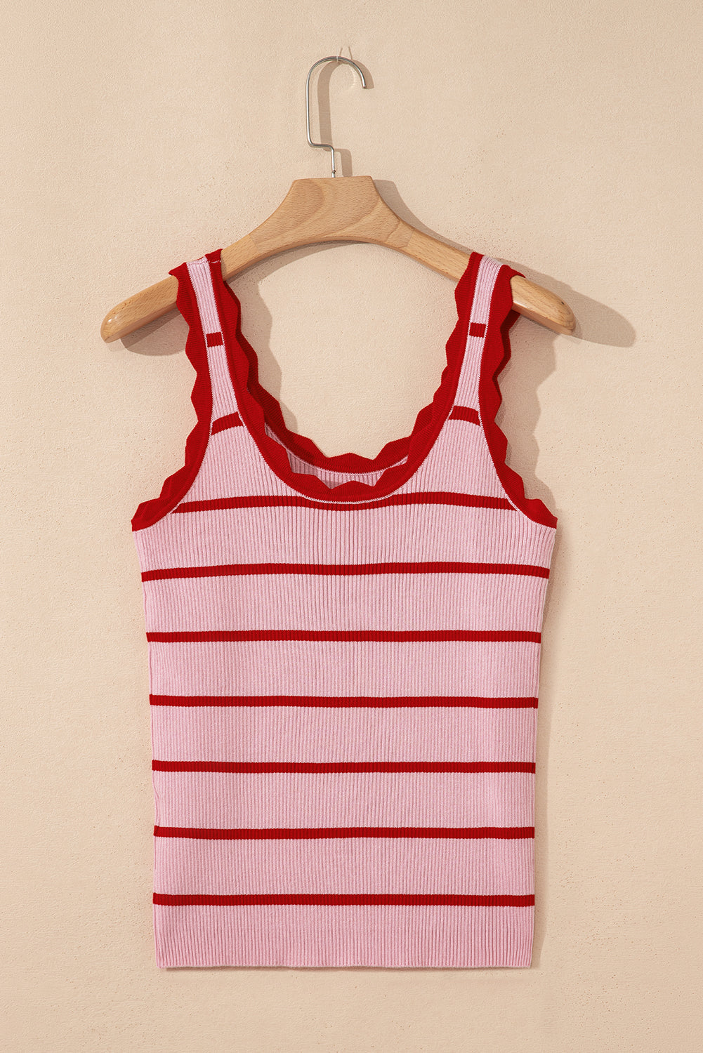 Bright Green Scalloped Edge Striped Ribbed Tank Top