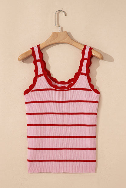 Bright Green Scalloped Edge Striped Ribbed Tank Top