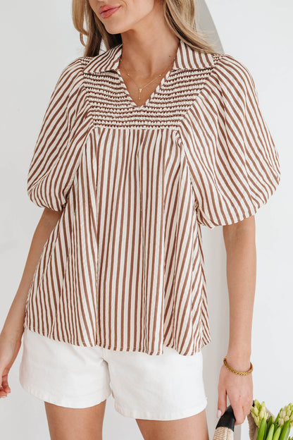 Brown Stripe Shirred V Neck Short Puff Sleeve Blouse