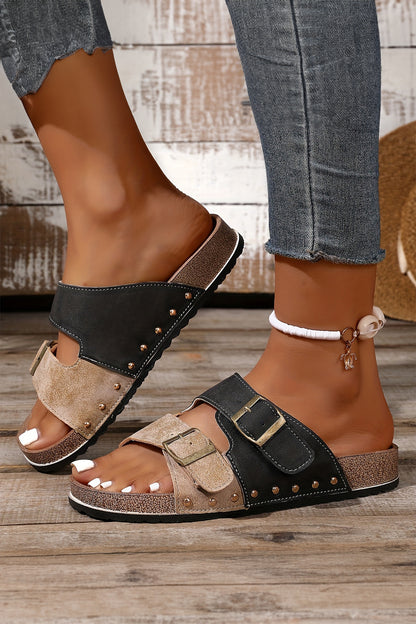 Color black Two-tone Flag Retro Buckle Straps Hollowed Faux Suede Slippers