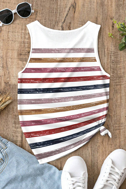 Red Rainbow Striped Round Neck Tank Top