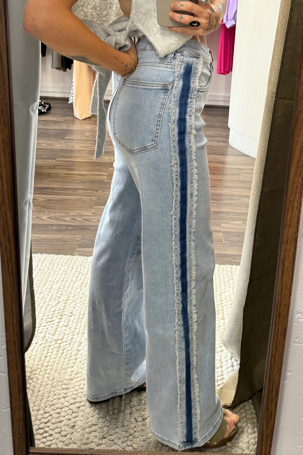 Beau Blue Contrast Stripe Frayed Side Patchwork Jeans