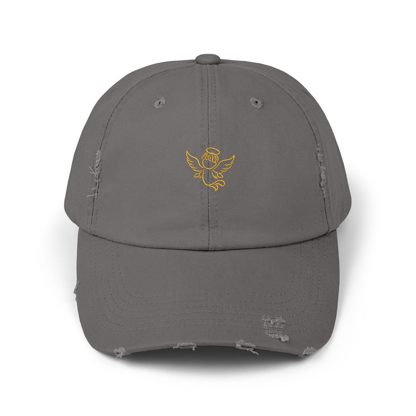 Distressed Black Cap with Gold Cherub Embroidery – Vintage Angel Baseball Hat