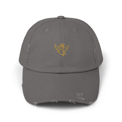 Distressed Black Cap with Gold Cherub Embroidery – Vintage Angel Baseball Hat