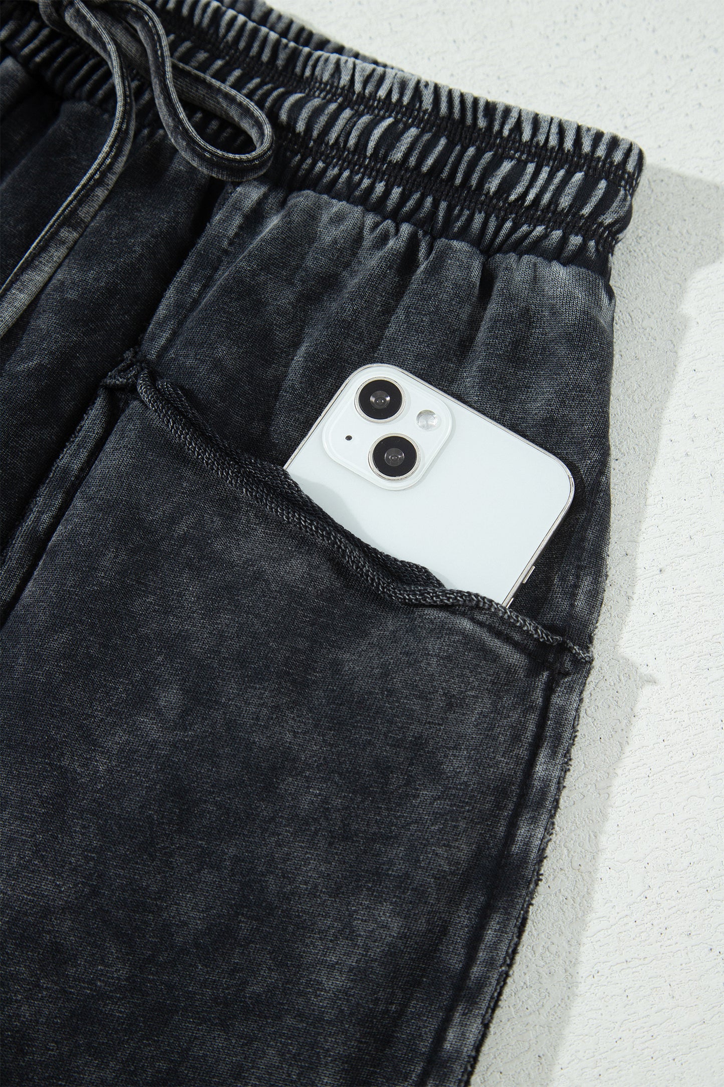 Black Mineral Wash Raw Seam Drawstring Elastic Waist Barrel Pants