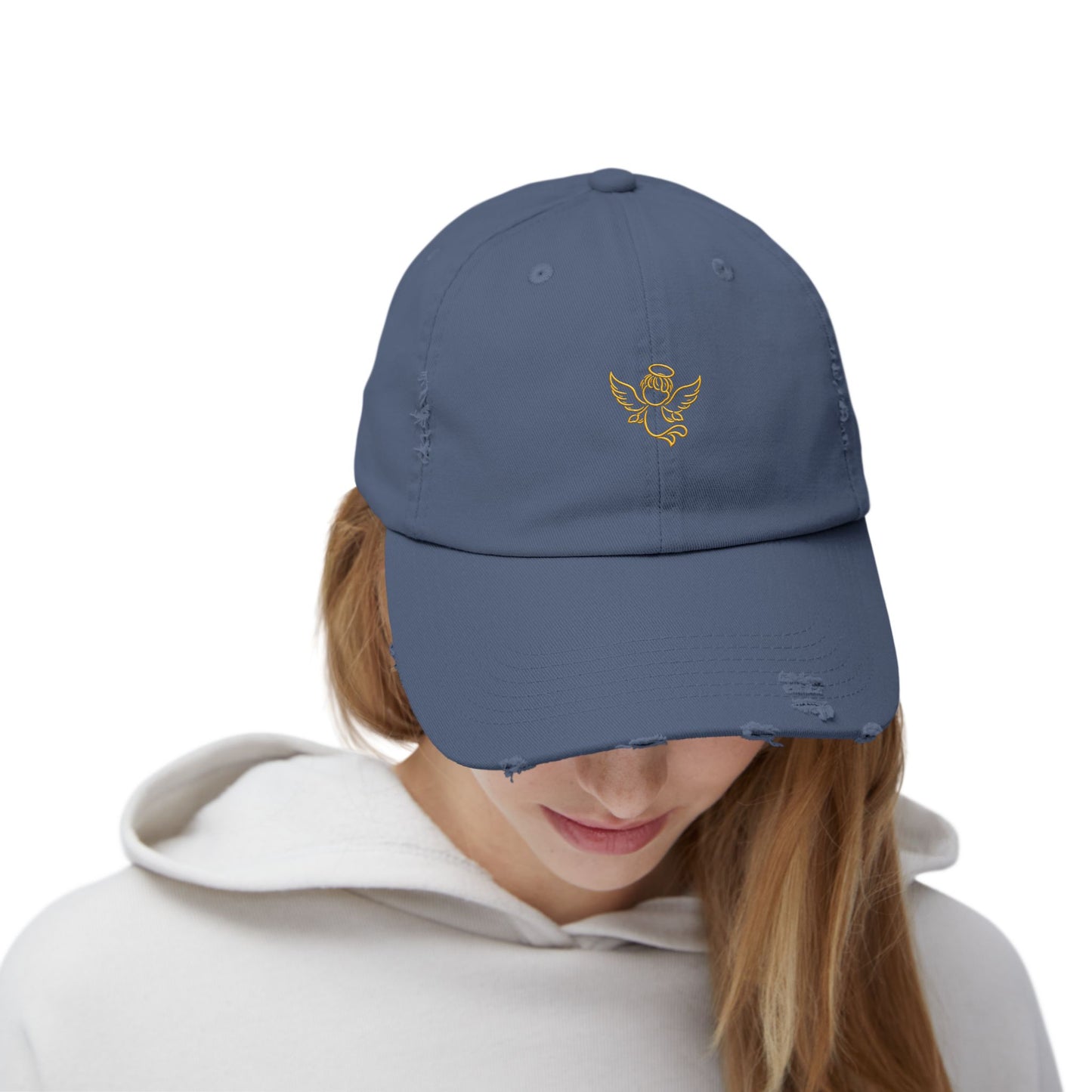 Distressed Black Cap with Gold Cherub Embroidery – Vintage Angel Baseball Hat