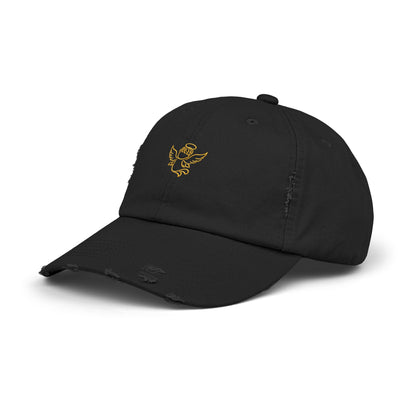 Distressed Black Cap with Gold Cherub Embroidery – Vintage Angel Baseball Hat