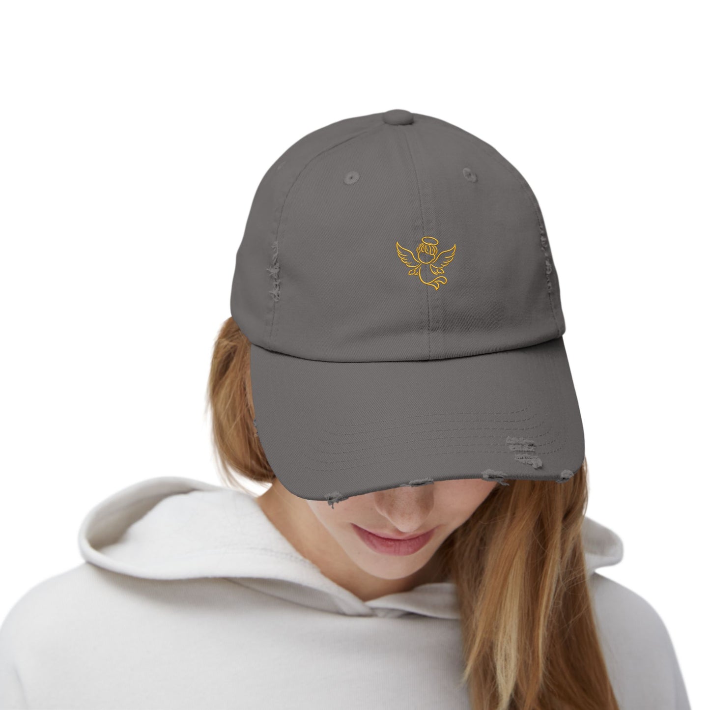 Distressed Black Cap with Gold Cherub Embroidery – Vintage Angel Baseball Hat