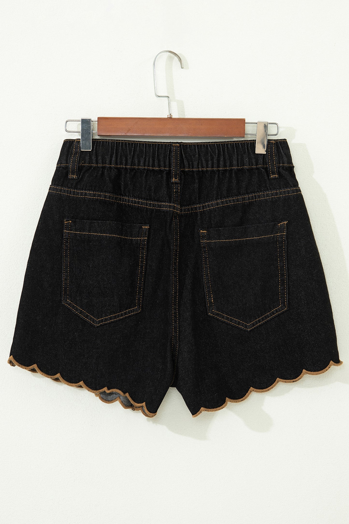 Black Embroidered Scalloped Trim Relaxed Denim Shorts