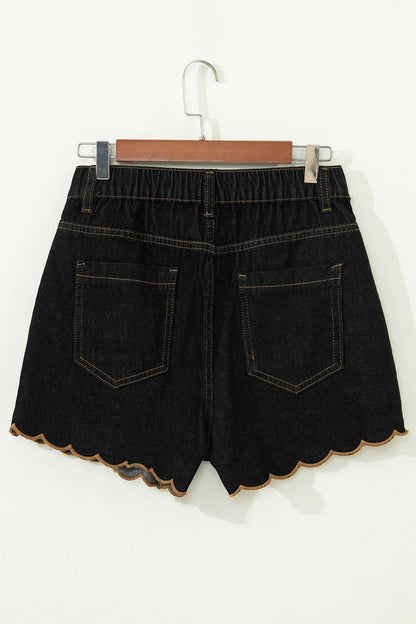 Black Embroidered Scalloped Trim Relaxed Denim Shorts