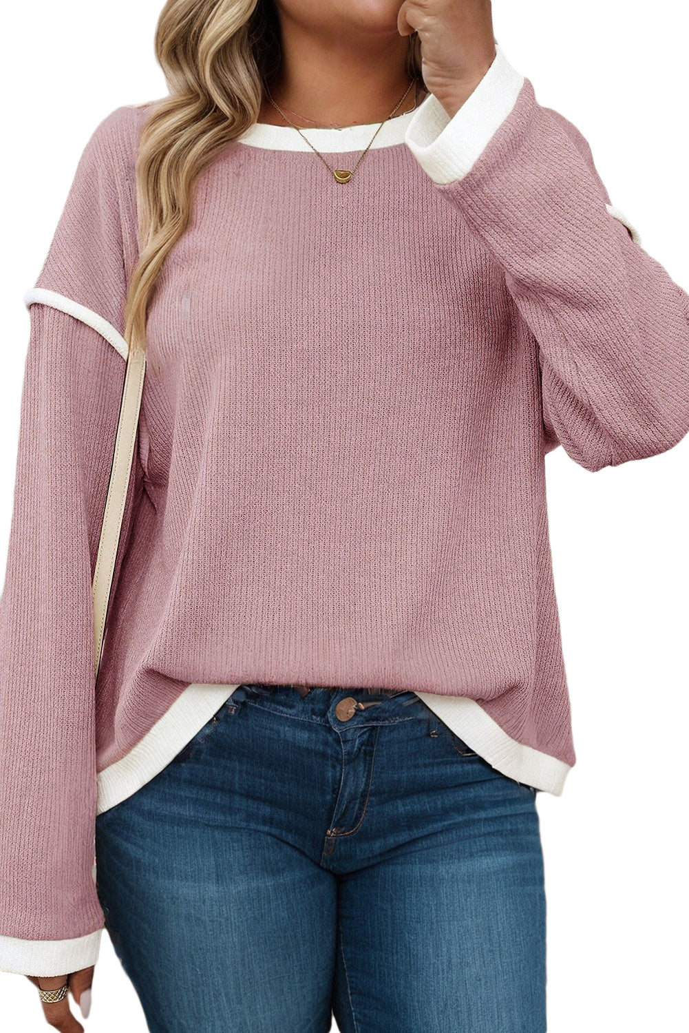 Light Pink Contrast Trim Knitted Drop Shoulder Plus Size Top