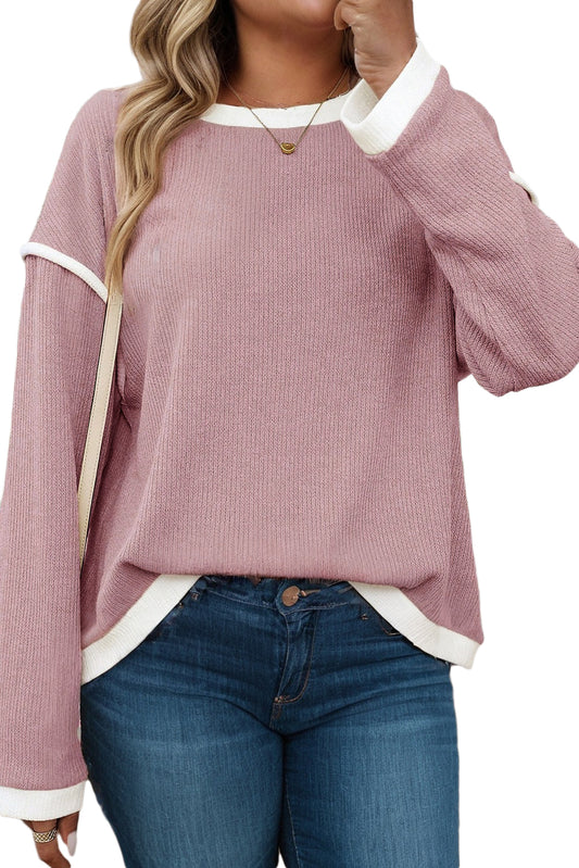 Light Pink Contrast Trim Knitted Drop Shoulder Plus Size Top