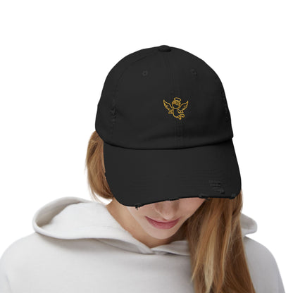 Distressed Black Cap with Gold Cherub Embroidery – Vintage Angel Baseball Hat