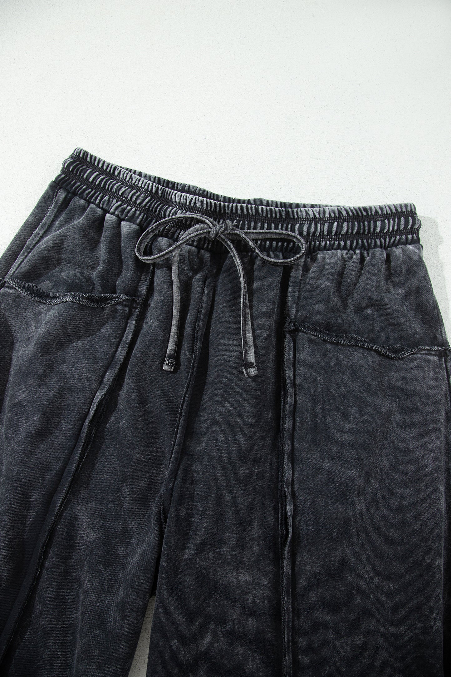 Black Mineral Wash Raw Seam Drawstring Elastic Waist Barrel Pants