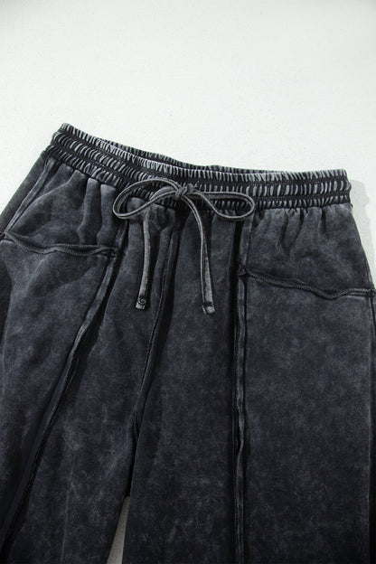 Black Mineral Wash Raw Seam Drawstring Elastic Waist Barrel Pants