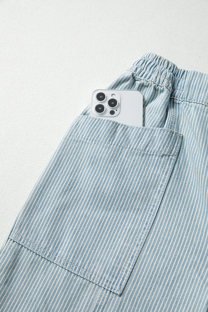 Sky Blue Striped Mid Rise Drawstring Waist Jeans