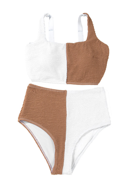 Pink Corded Colorblock Square Neck Bikini Swimsuit