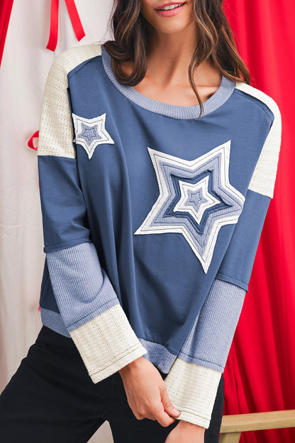Dark Blue Knitted Colorblock Patchwork Star Patched Long Sleeve Top