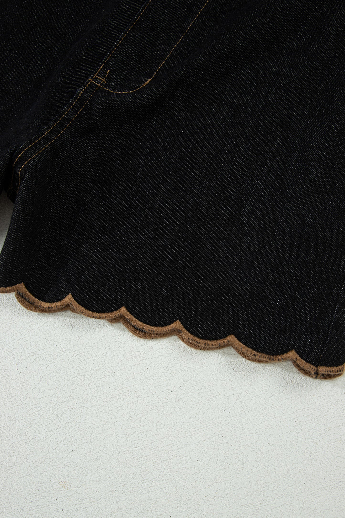 Black Embroidered Scalloped Trim Relaxed Denim Shorts