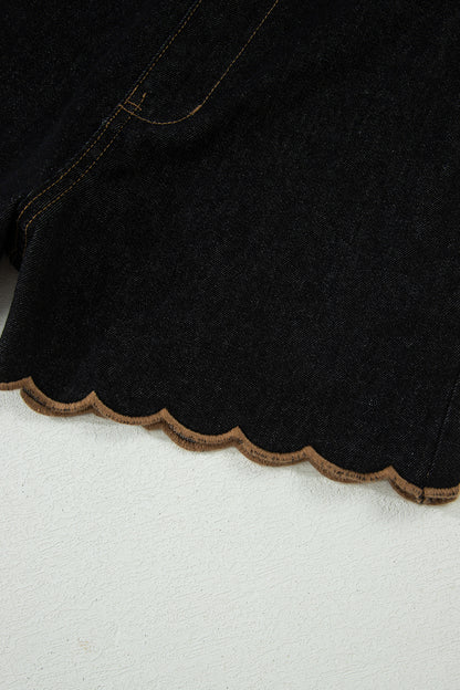 Black Embroidered Scalloped Trim Relaxed Denim Shorts