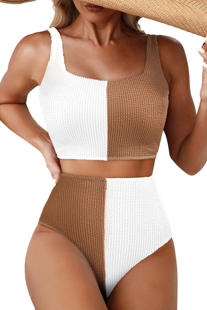 Pink Corded Colorblock Square Neck Bikini Swimsuit