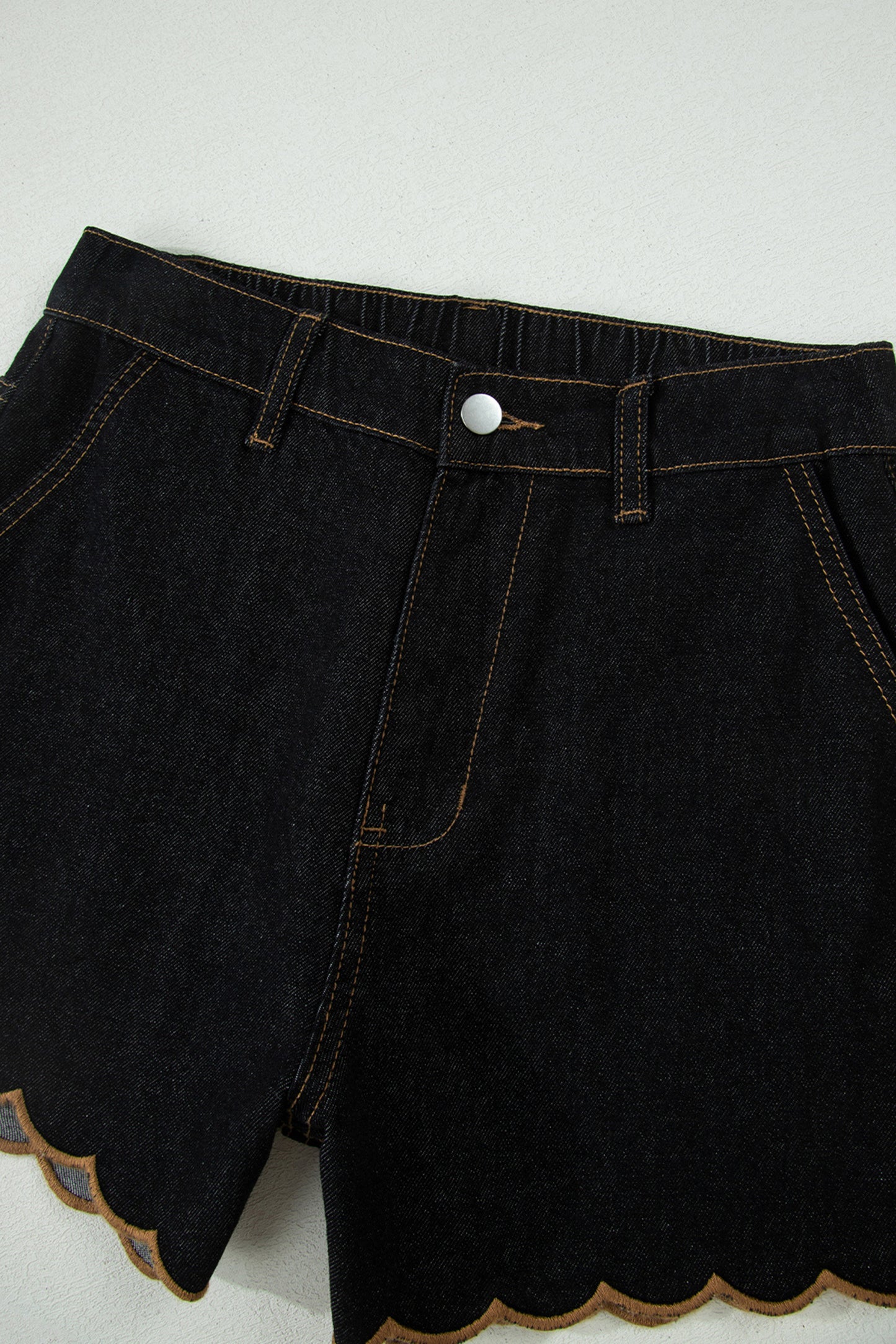 Black Embroidered Scalloped Trim Relaxed Denim Shorts