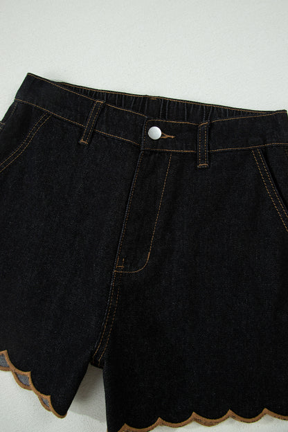 Black Embroidered Scalloped Trim Relaxed Denim Shorts