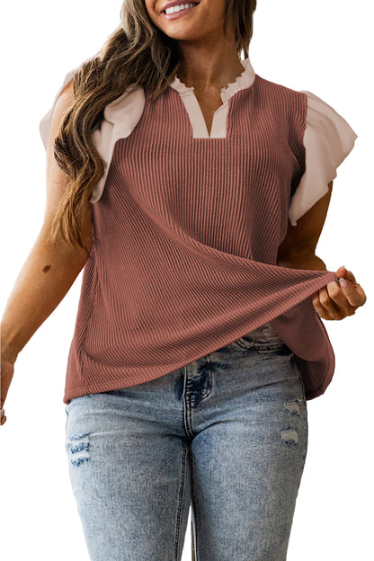 Vineyard Green Plus Size Contrast Frilled Neckline Ruffled Short Sleeve Ribbed Textured Blouse
