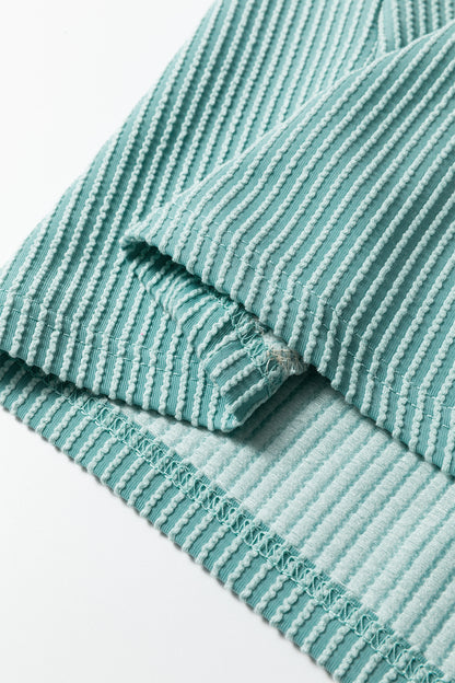 Vineyard Green Plus Size Contrast Frilled Neckline Ruffled Short Sleeve Ribbed Textured Blouse