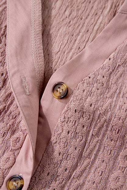 Fushia Textured Embroidered Half Buttons Short Sleeve Blouse