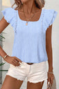 Sky Blue Stripe Square Neck Bow Decor Frilly Ruffled Short Sleeve Blouse
