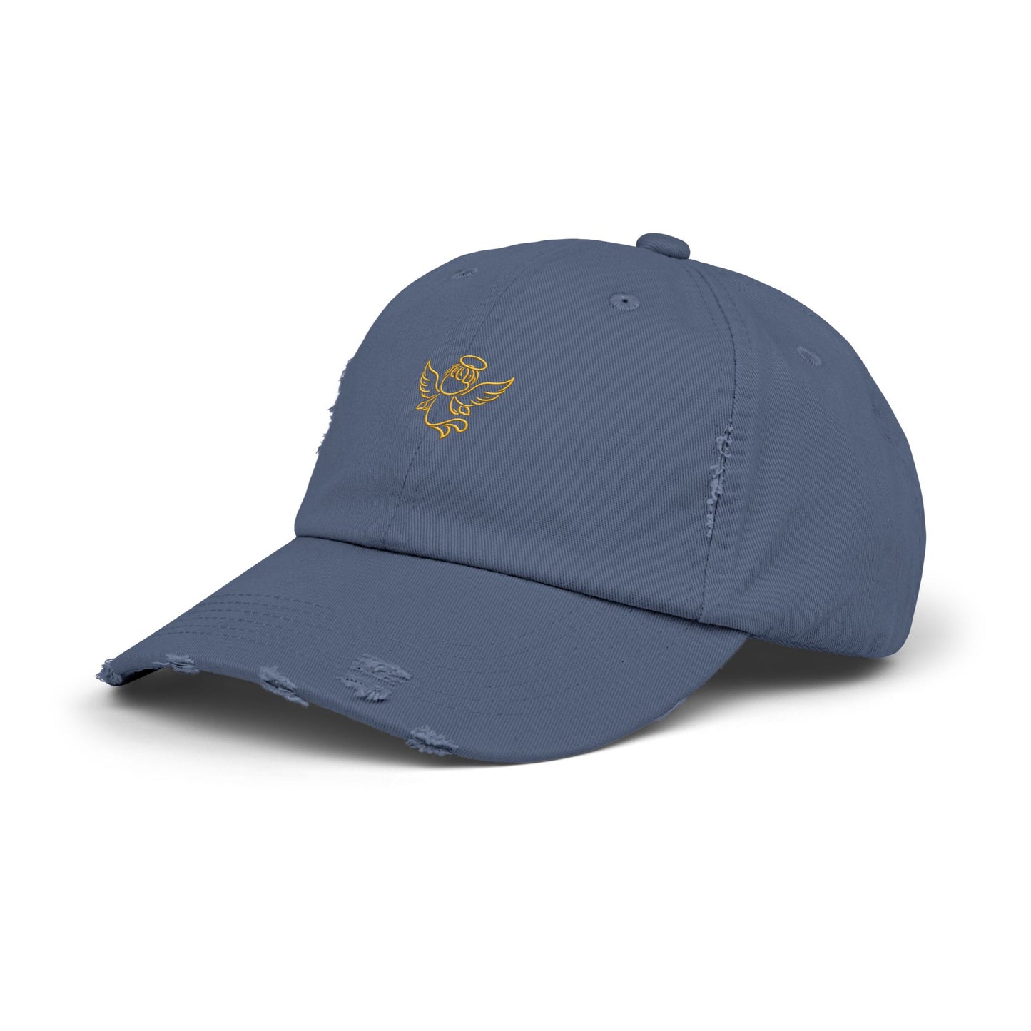 Distressed Black Cap with Gold Cherub Embroidery – Vintage Angel Baseball Hat
