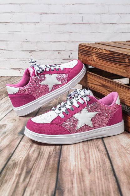 Black Stylish Color Block Glitter Star Patchwork Lace-up Flat Shoes