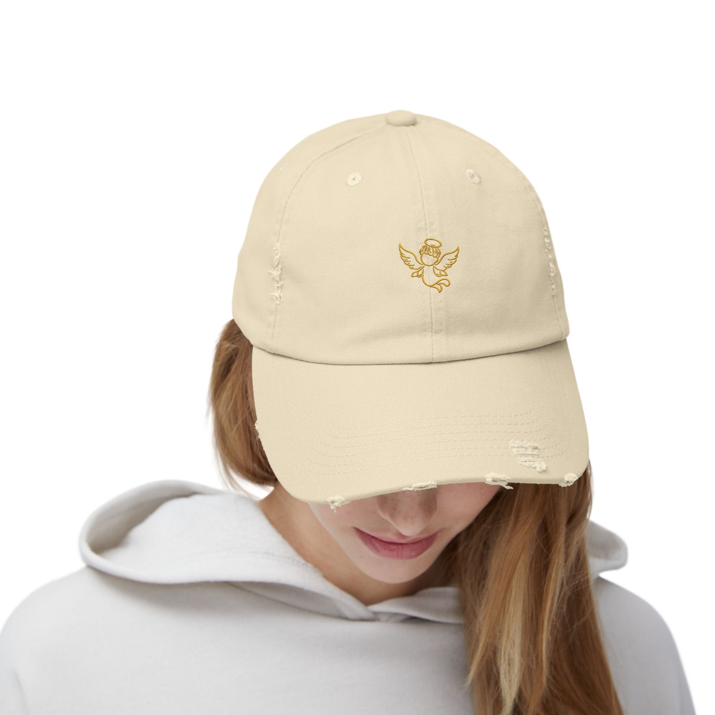 Distressed Black Cap with Gold Cherub Embroidery – Vintage Angel Baseball Hat