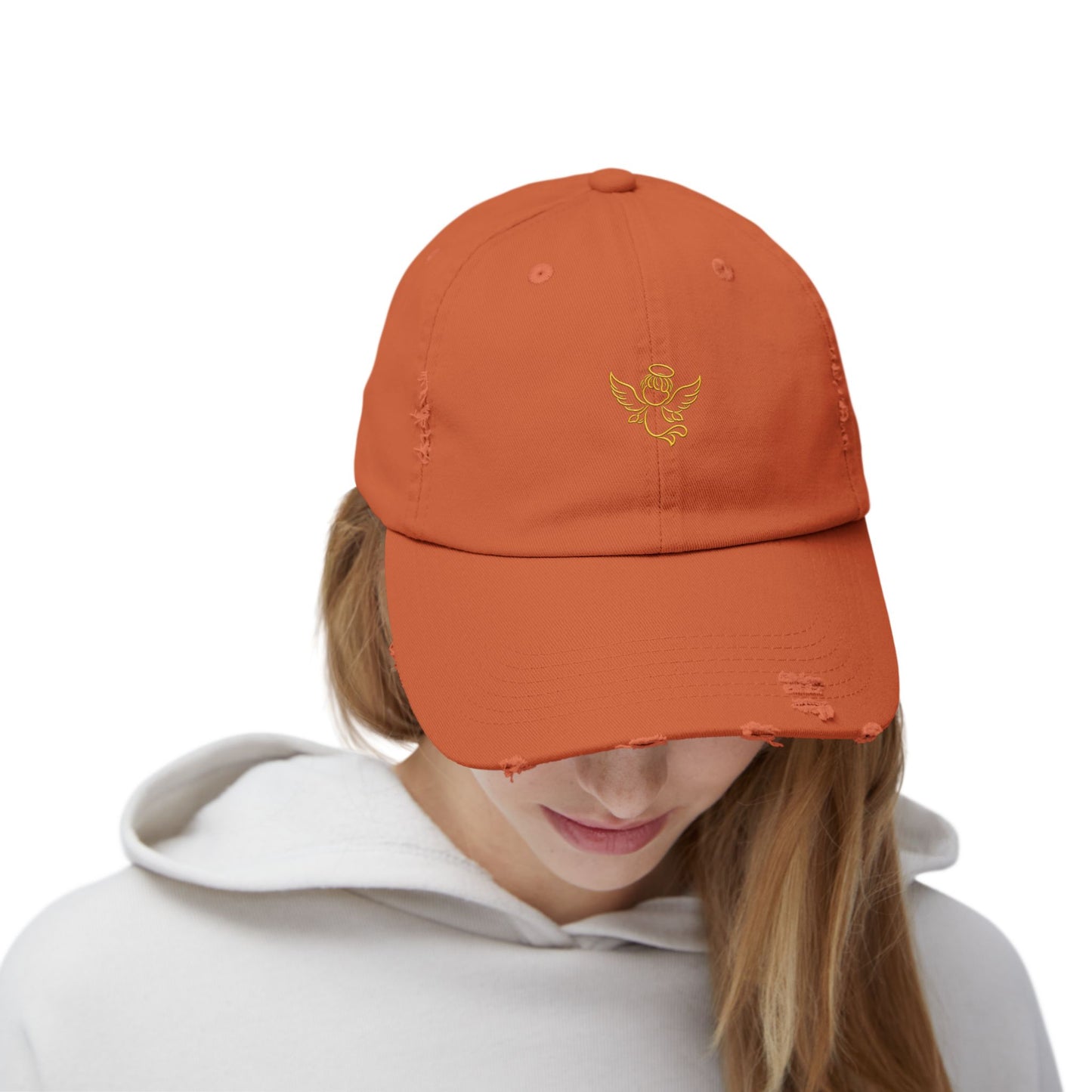 Distressed Black Cap with Gold Cherub Embroidery – Vintage Angel Baseball Hat