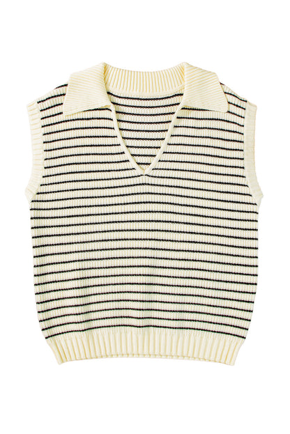 Beige Stripe Turn-down Collar Sleeveless Knitted Top