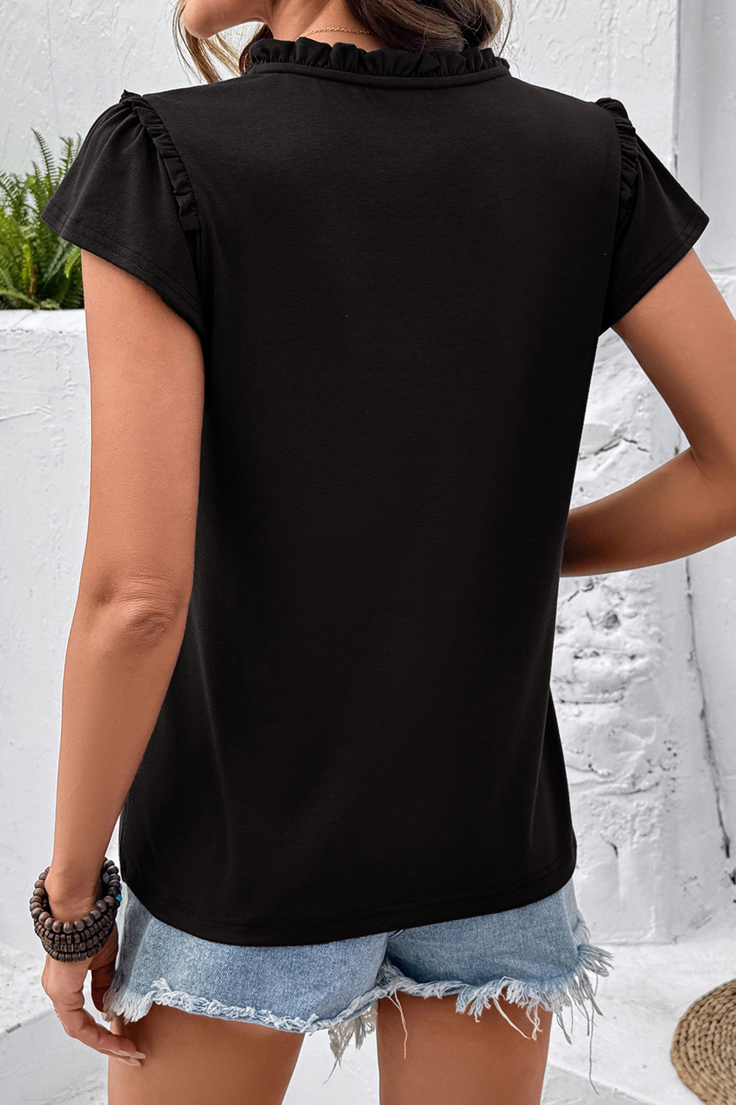 Black Sheer Lace Splicing Split Neck Ruffle Short Sleeve Blouse