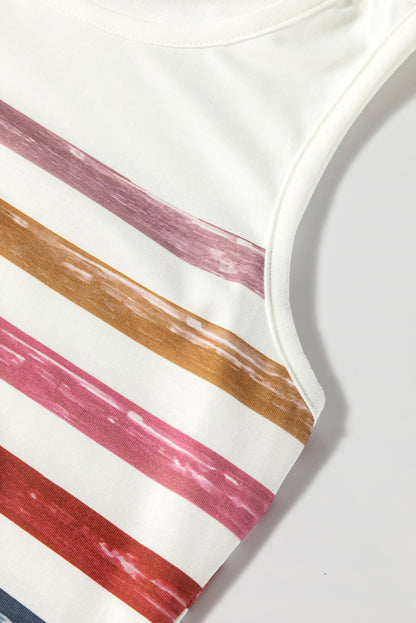 Red Rainbow Striped Round Neck Tank Top