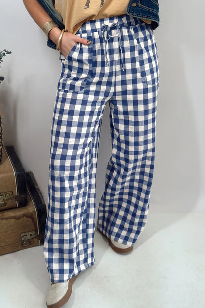 Brown Gingham Plaid Tie Elastic Waist Shift Pants