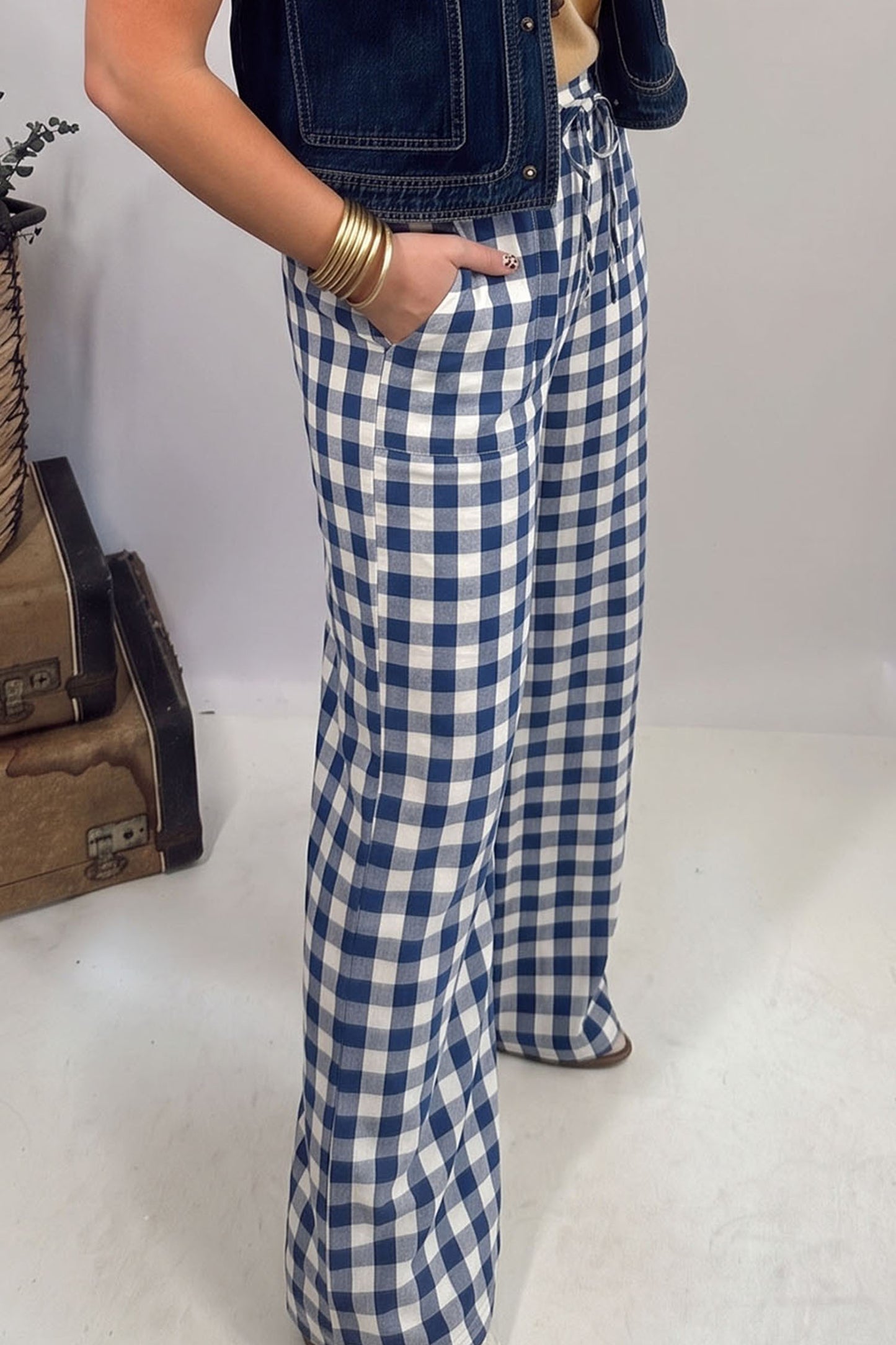 Brown Gingham Plaid Tie Elastic Waist Shift Pants