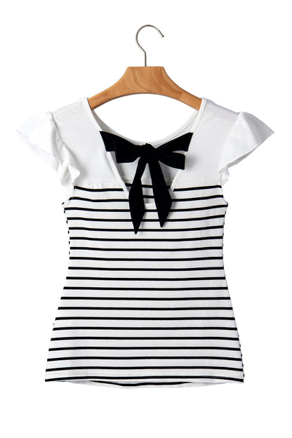 White Stripe Contrast Knot Back Ruffle Trim Tank Top
