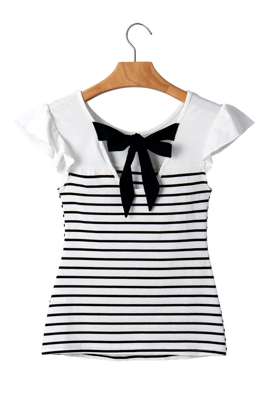 White Stripe Contrast Knot Back Ruffle Trim Tank Top