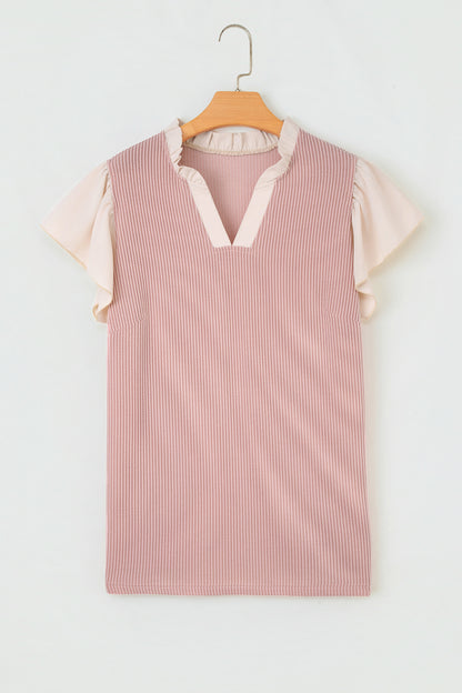 Vineyard Green Plus Size Contrast Frilled Neckline Ruffled Short Sleeve Ribbed Textured Blouse