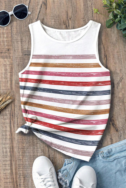 Red Rainbow Striped Round Neck Tank Top