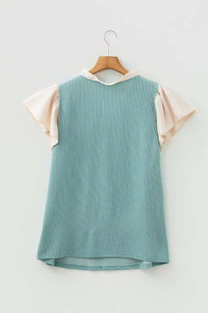 Vineyard Green Plus Size Contrast Frilled Neckline Ruffled Short Sleeve Ribbed Textured Blouse