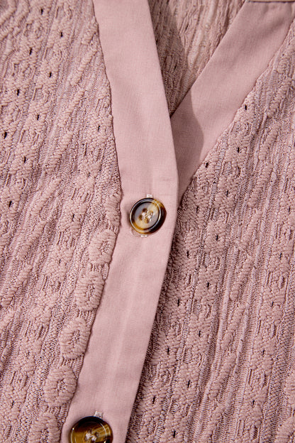 Fushia Textured Embroidered Half Buttons Short Sleeve Blouse