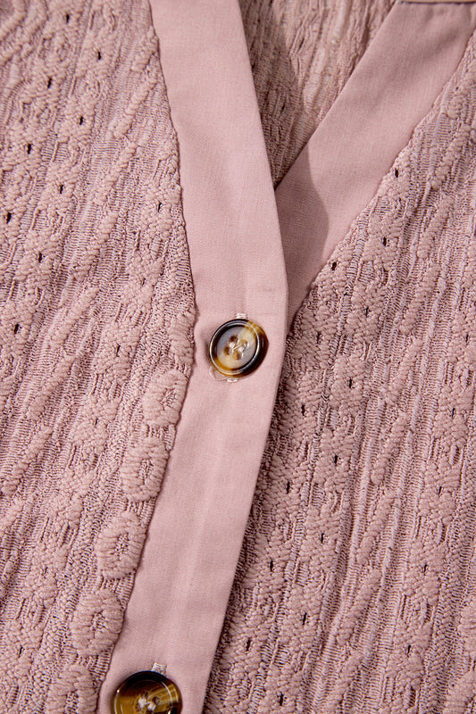 Fushia Textured Embroidered Half Buttons Short Sleeve Blouse